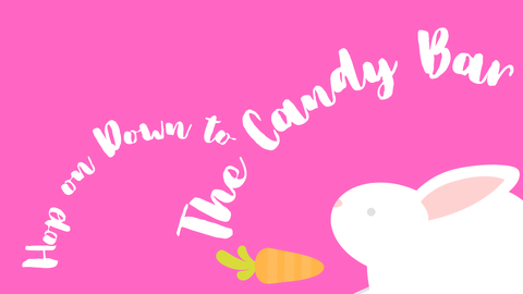 Pink background with white bunny and small orange carrot. "Hop on down to The Candy Bar"