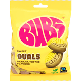 A yellow bag of Bubs Sweet Ovals Banana Toffee Flavour candy, featuring the pink Bubs logo and images of the oval toffee candies on a white background.
