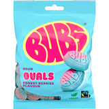 A bag of Bubs Sour Ovals Forest Berries flavour candy. The packaging is light blue with a large pink and yellow Bubs logo, showing two round sour candies in blue and pink, and a Fairtrade logo at the bottom.