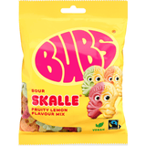 A bag of Bubs Sour Skalle fruity lemon flavour mix gummy candies. The packaging is bright yellow with a large pink 'BUBS' logo and illustrations of the colorful gummy candies.