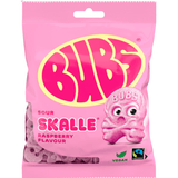 A pink bag of Bubs Skalle Sour Raspberry Flavour gummy candies, featuring the iconic pink and yellow Bubs logo and an illustration of a sour gummy character.