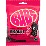 A bag of Bubs Skalle Sweet & Salty Raspberry/Salty Licorice Flavour gummy candies. The packaging is bright pink with a large yellow outlined 'BUBS' logo, 'SKALLE' in bold black text, and an illustration of the red and black gummy character.