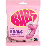 A pink bag of Bubs Sour Ovals candy, strawberry and vanilla flavour, with the brand logo in large pink letters outlined in yellow on the front.
