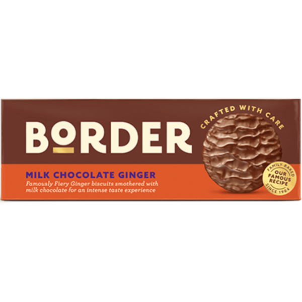 Box of Border Milk Chocolate Ginger biscuits on a white background