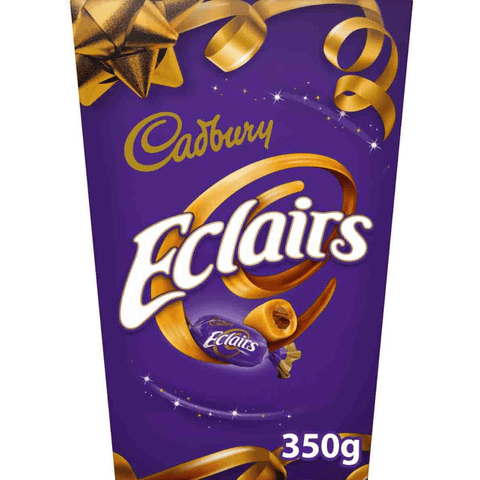 Cadbury Eclairs Box packaging with gold ribbons on a white background.