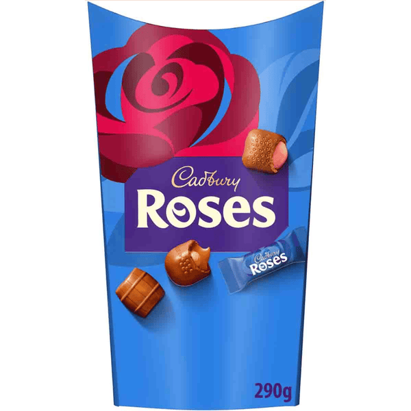 Cadbury Roses Carton chocolate packaging with a rose design on a blue background