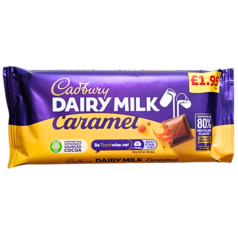 Cadbury Dairy Milk Caramel chocolate bar packaging on a white background