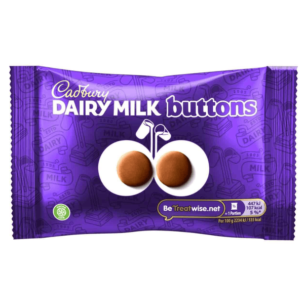Purple Cadbury Dairy Milk Buttons packaging on a white background