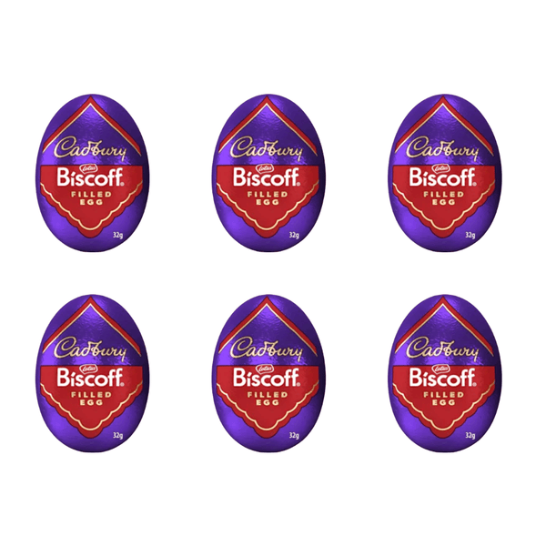 Six Cadbury Biscoff filled eggs on a white background