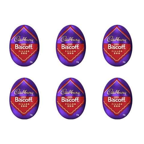 Six Cadbury Biscoff filled eggs on a white background