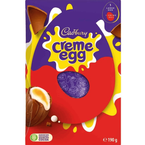 Cadbury Creme Egg packaging with a purple egg inside on a colorful background