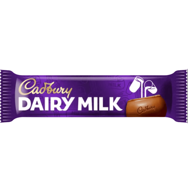 A Cadbury Dairy Milk chocolate bar in its signature purple wrapper, featuring white and gold lettering and a depiction of a milk chocolate bar with a white chocolate drizzle.