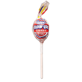 Cherry-flavored Blow Pop on a stick with colorful label against a white background