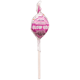 Charms Blow Pop candy on a stick with pink and white packaging.