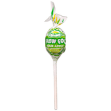 Charms Blow Pop sour apple lollipop with green and white packaging on a white background