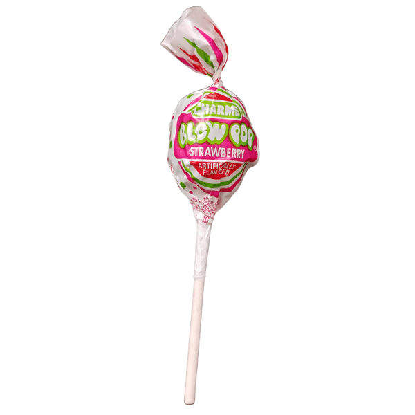 Charms Blow Pop - Strawberry lollipop with colourful wrapper on a white background
