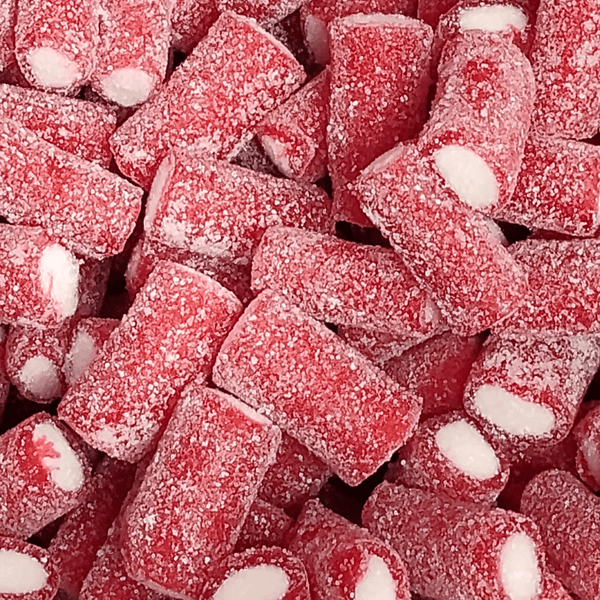 Close-up of red cream-filled candy tubes coated in sugar.