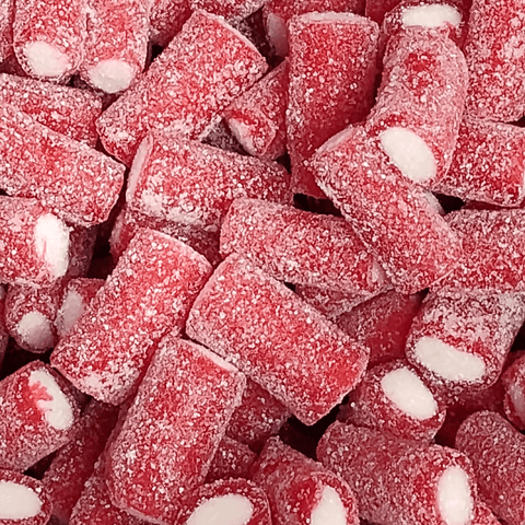 Close-up of red cream-filled candy tubes coated in sugar.