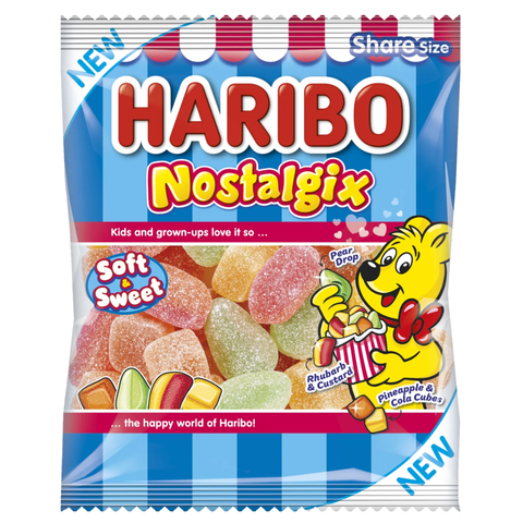 Haribo Nostalgix candy package with cartoon character on a white background