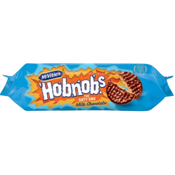 Packaged Milk Chocolate McVitie's Hobnobs cookies on a white background