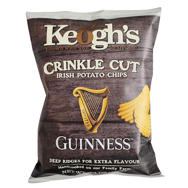 Keogh's Crinkle Cut Guinness Irish Potato Chips packaging on a white background