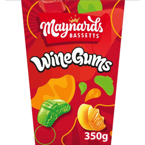 Maynards Bassetts WineGums Box packaging with colorful gummy candies on a red background