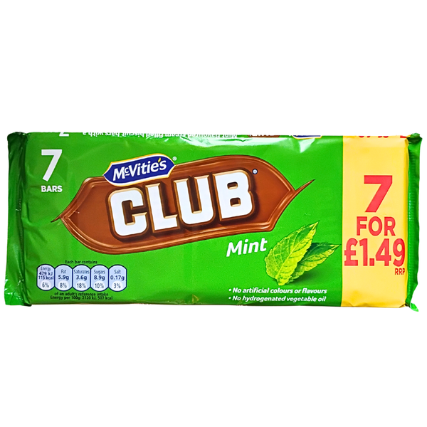 Packaging of McVitie's Club Mint bars with green and yellow design.