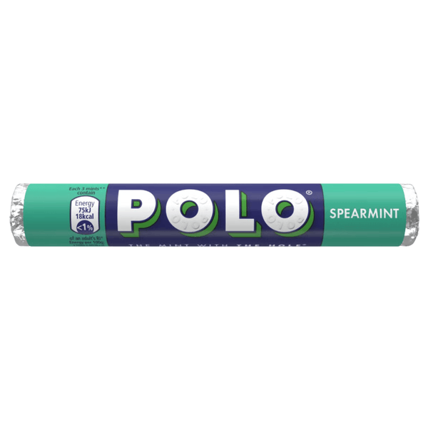 A roll of Polo Spearmint gum on a plain white background. The packaging features a dark blue central band with the brand name 'POLO' in bold white letters outlined in green, flanked by teal-green sections on the left and right that read 'Polo' and 'SPEARMINT'.