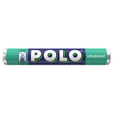 A roll of Polo Spearmint gum on a plain white background. The packaging features a dark blue central band with the brand name 'POLO' in bold white letters outlined in green, flanked by teal-green sections on the left and right that read 'Polo' and 'SPEARMINT'.