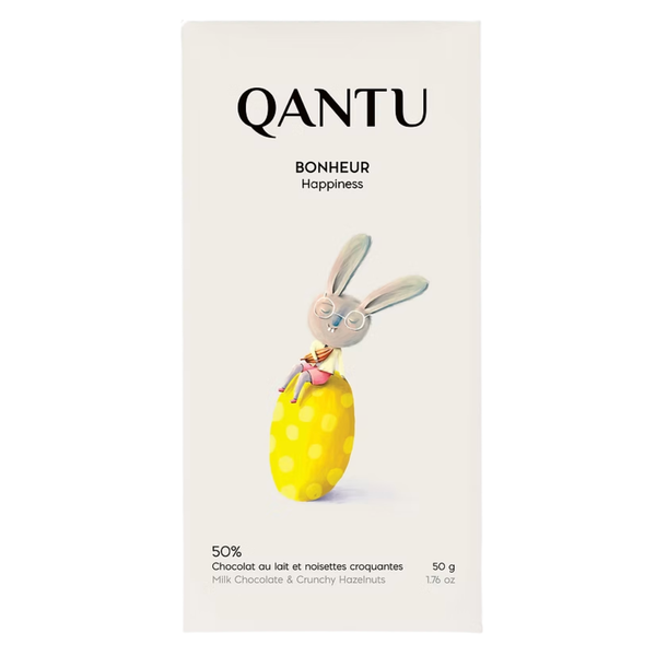 Qantu Chocolate Bonheur - 50% Milk Chocolate and Hazelnuts Bar package on a white background. 