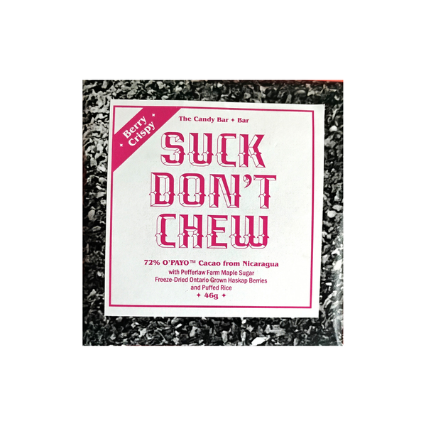 Candy bar packaging with 'Suck Don't Chew' text on a white background