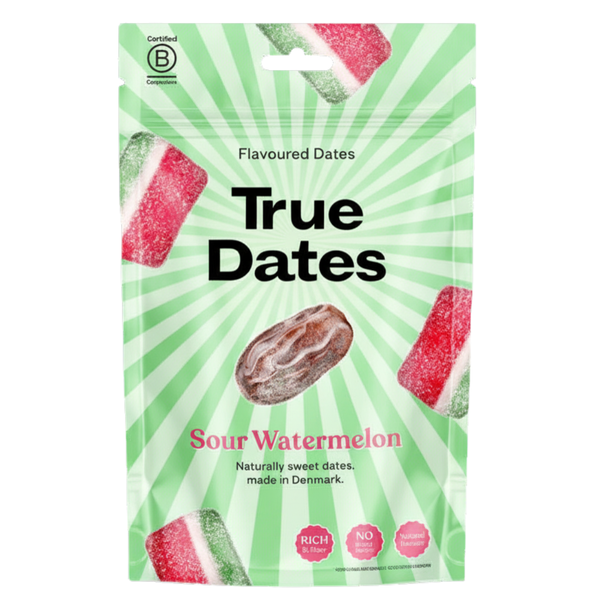 Packaging of True Dates Sour Watermelon flavor on a green background