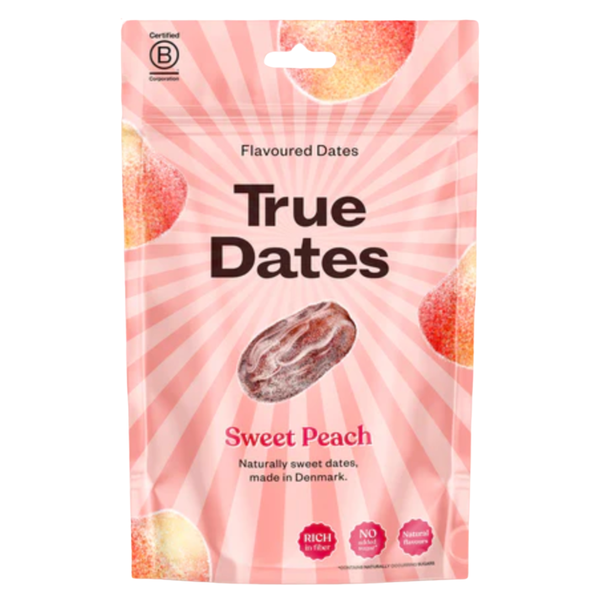 Package of True Dates Sweet Peach flavor on a white background
