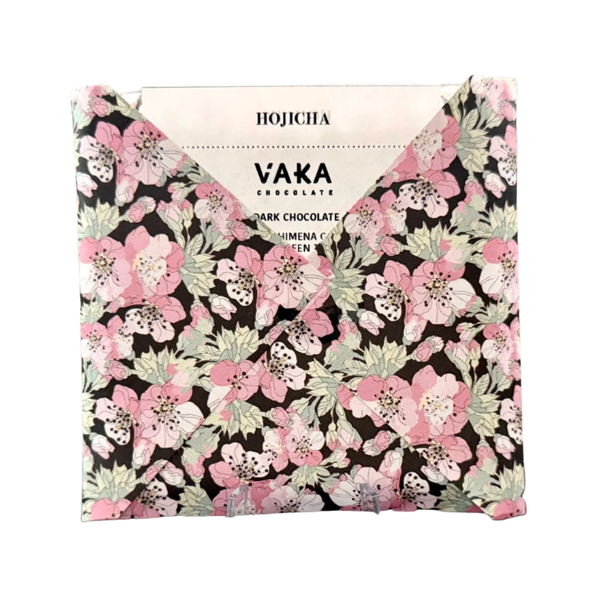 Vaka Chocolate hojicha bar - floral pattern packaging on a white background.