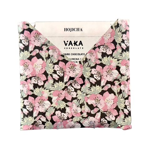 Vaka Chocolate hojicha bar - floral pattern packaging on a white background.