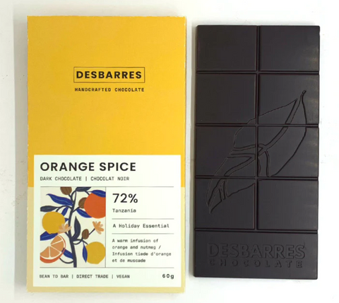 DesBarres Chocolate - Orange Spice 72% Dark Chocolate Bar at The Candy Bar Toronto