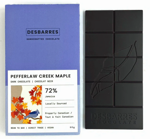 DesBarres Chocolate - Pefferlaw Creek Maple 72% Dark Chocolate Bar at The Candy Bar Toronto